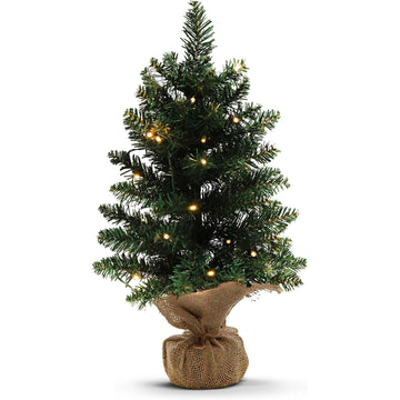 Olsen & Smith 50cm (20in) Pre-Lit Mini Christmas Tree – Battery Operated Artificial Pine Tabletop Xmas Tree with 30 Warm LED Lights, 8 Light Modes & Sack Cloth Base – Perfect for Home, Office & Desk Decoration
